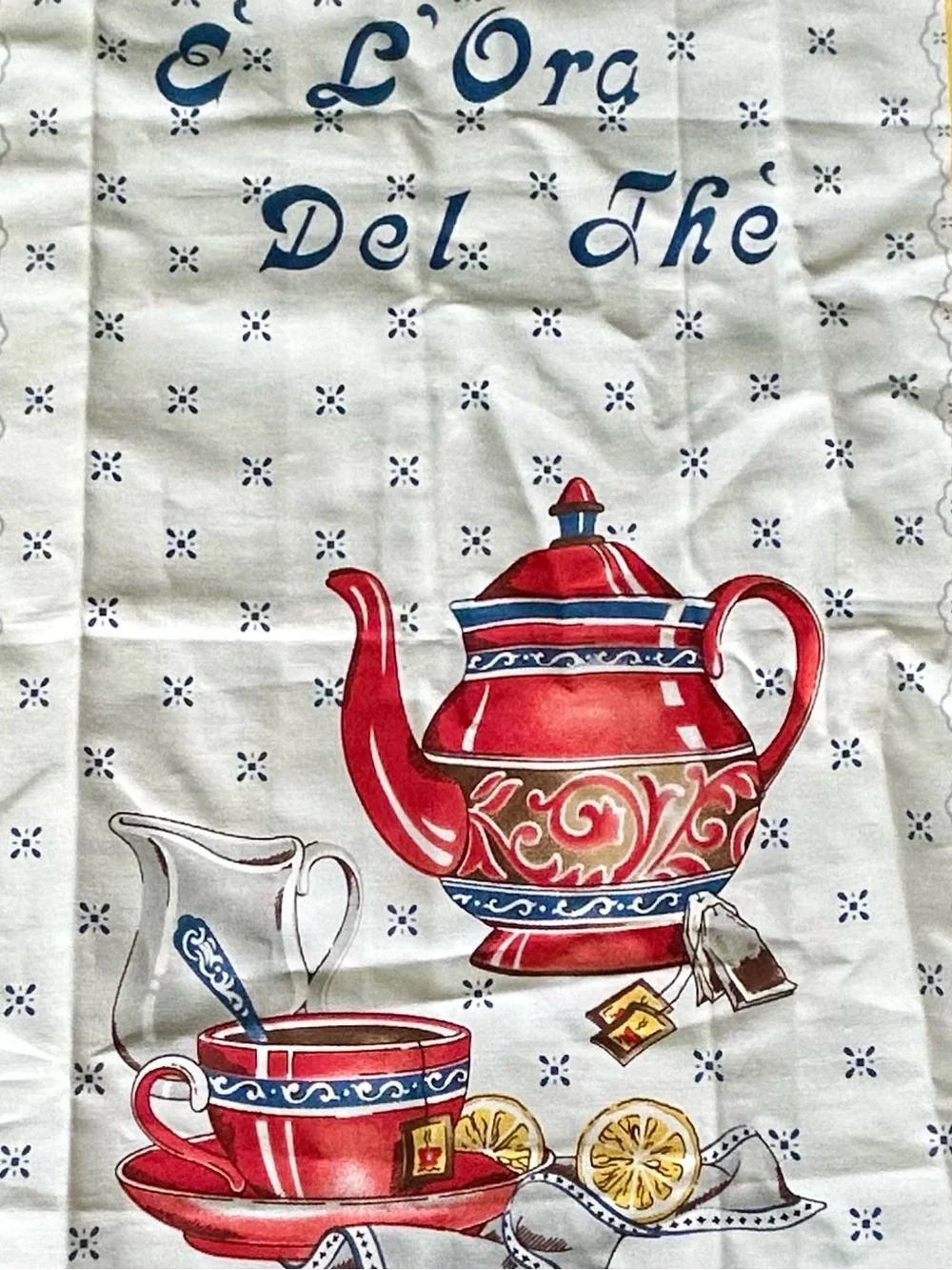 Vallesusa Tea Time Towel Tapestry Red + Blue Teapot + Cup with Saucer and Lemon